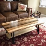 A living room with a couch and coffee table