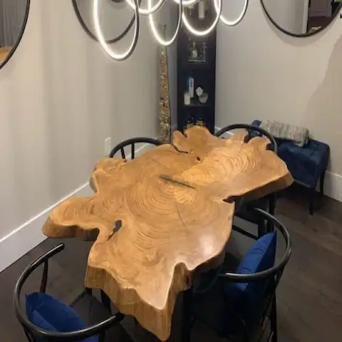 Live edge elm cookie slice in a south riding virginia living room dining table