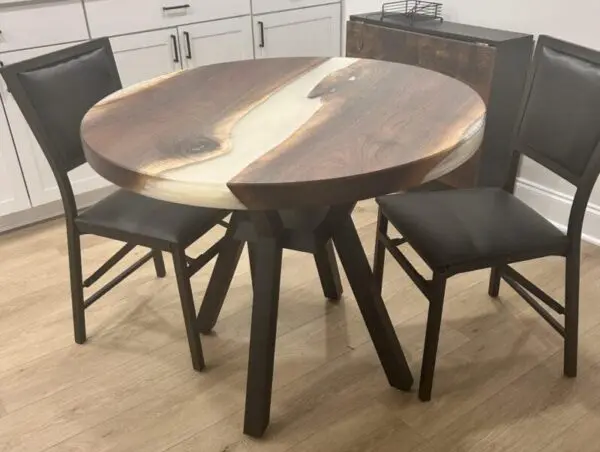 walnut round epoxy table with custom metal base
